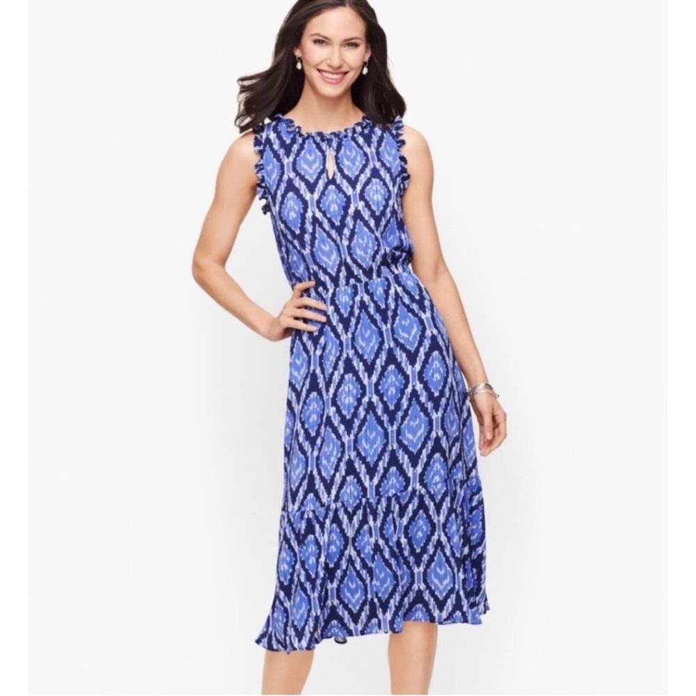 Talbots Ruffle Trim Fit and Flare Cabana Ikat Dress Blue Sleeveless Keyhole